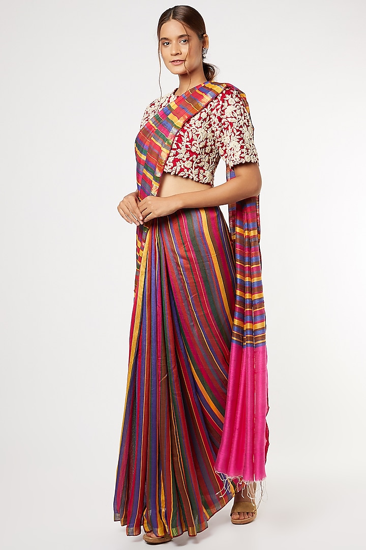 Multi Colored Handwoven Saree With Attached Blouse by Soumodeep Dutta at Pernia's Pop Up Shop