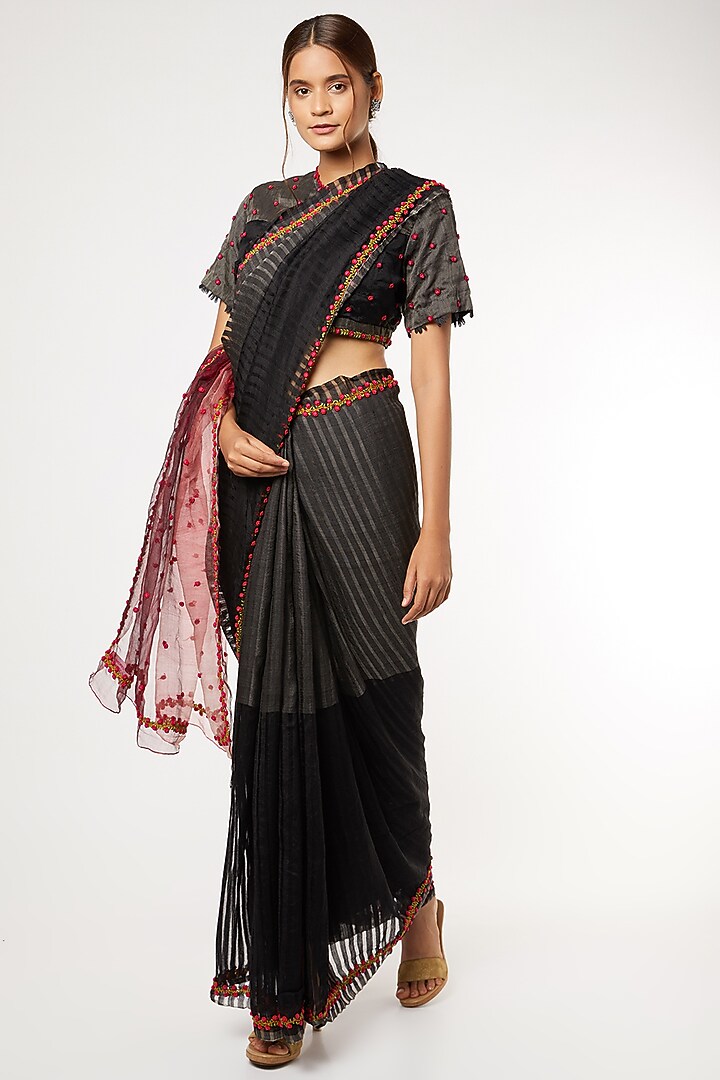 Black Hand Embroidered Party Wear Saree Set by Soumodeep Dutta at Pernia's Pop Up Shop
