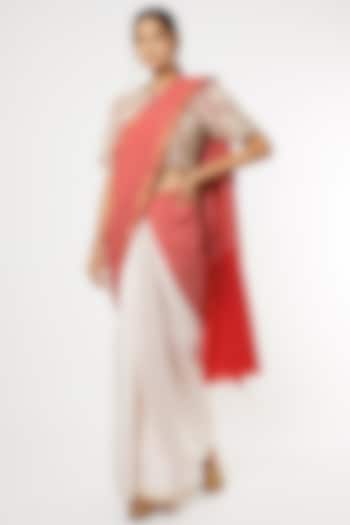 Red Handwoven Half & Half Saree With Attached Blouse by Soumodeep Dutta
