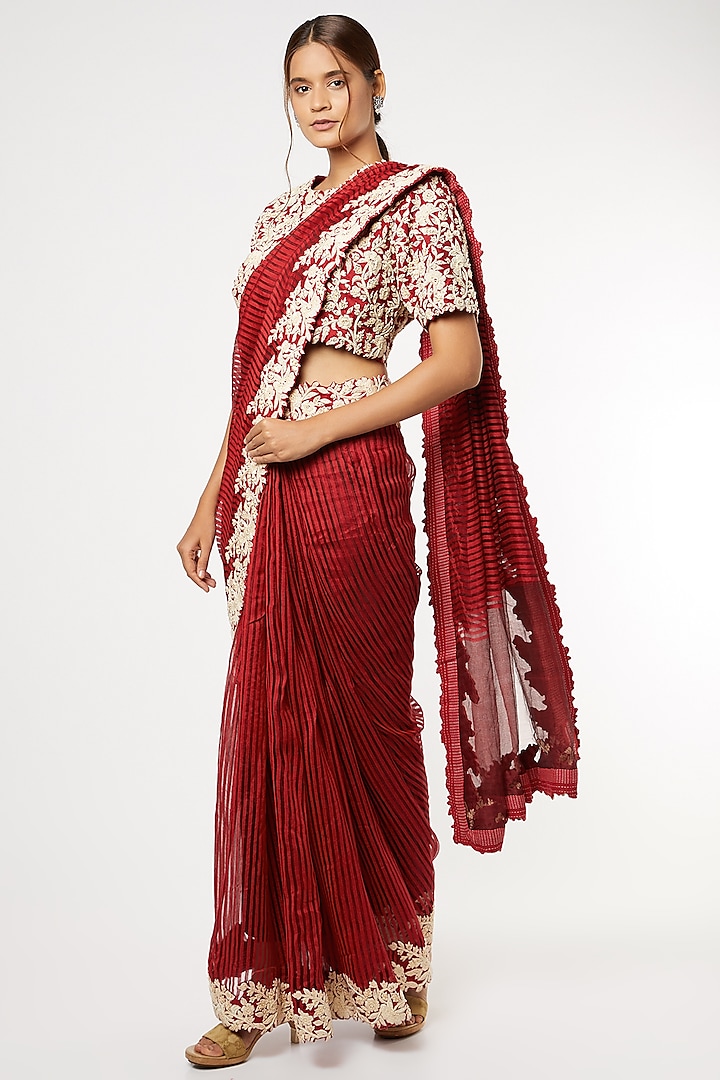 Red Silk Embroidered Saree Set by Soumodeep Dutta