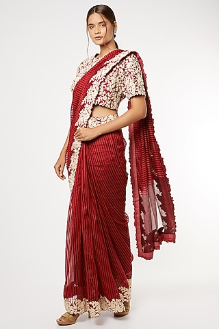 Red Silk Embroidered Saree Set by Soumodeep Dutta