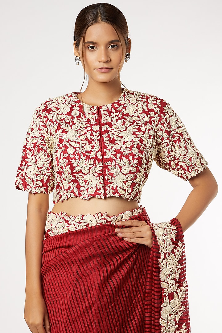 Red Silk Embroidered Wedding Saree Set by Soumodeep Dutta at Pernia's Pop Up Shop