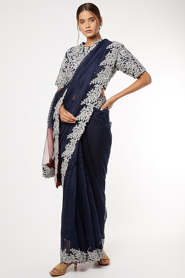 Indigo Blue Silk Embroidered Saree Set by Soumodeep Dutta