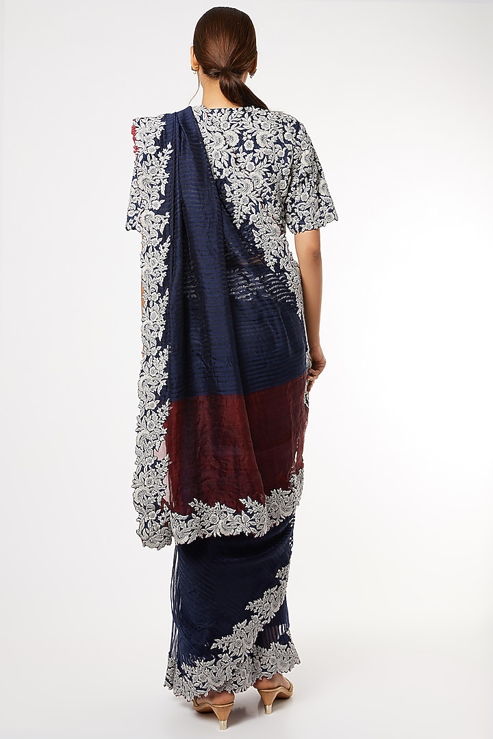 Indigo Blue Silk Embroidered Wedding Saree Set by Soumodeep Dutta at Pernia's Pop Up Shop
