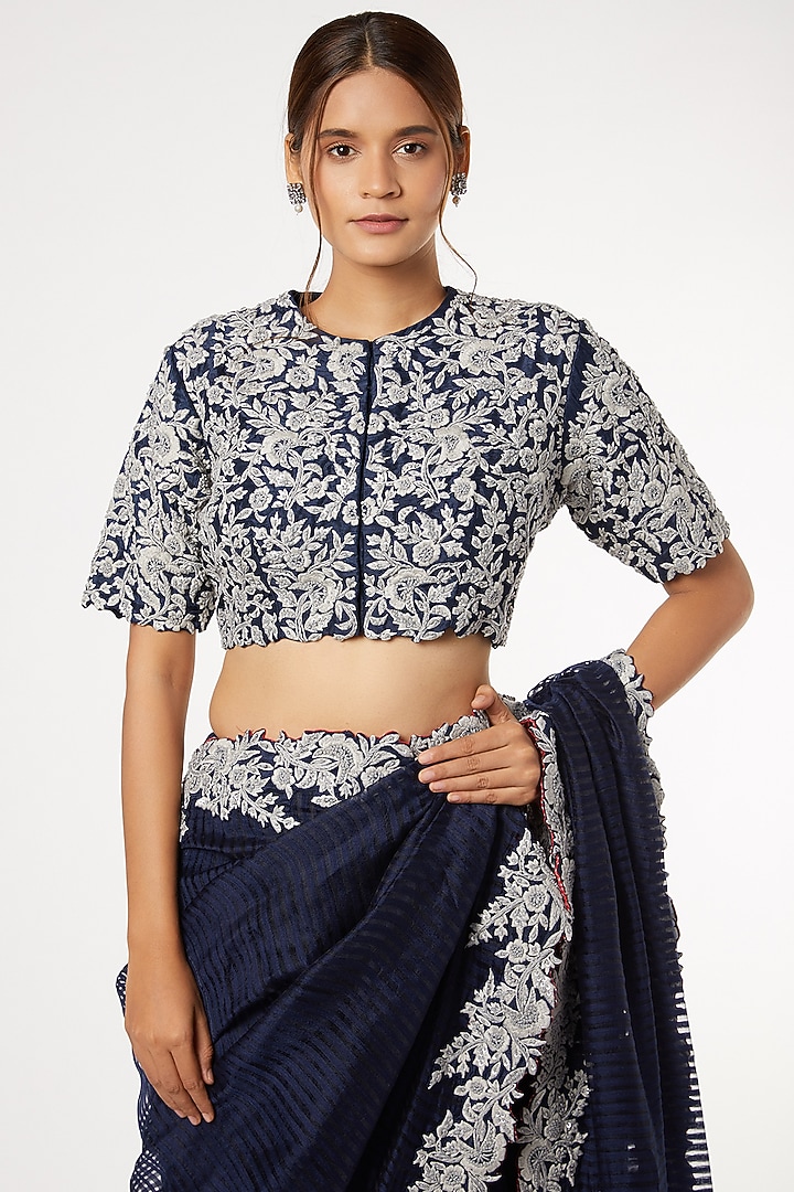 Indigo Blue Silk Embroidered Wedding Saree Set by Soumodeep Dutta at Pernia's Pop Up Shop