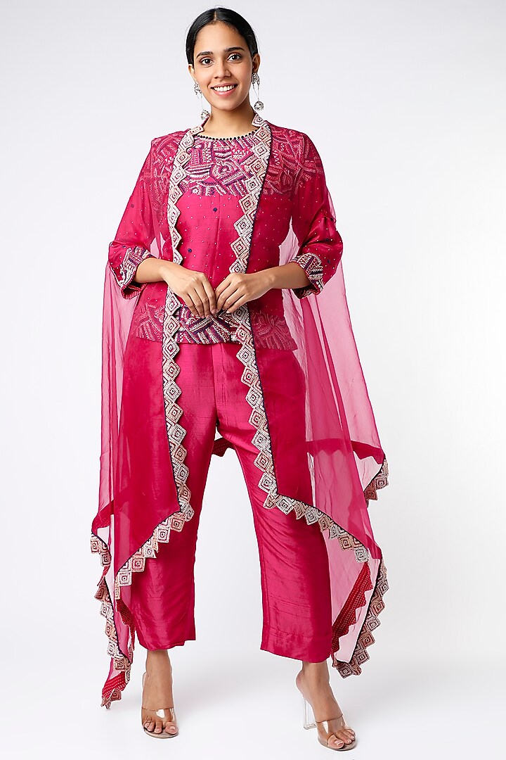 Fuchsia Silk Pant Set by Soumodeep Dutta