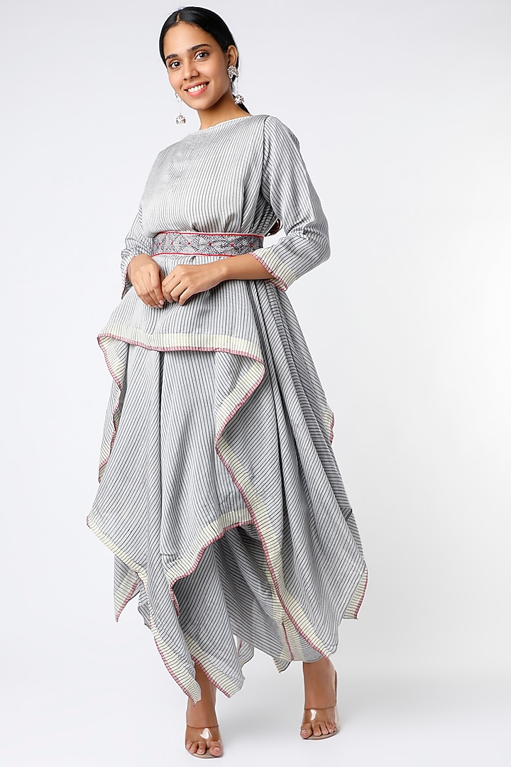 Grey Skirt Set With Hand Embroidered Belt by Soumodeep Dutta