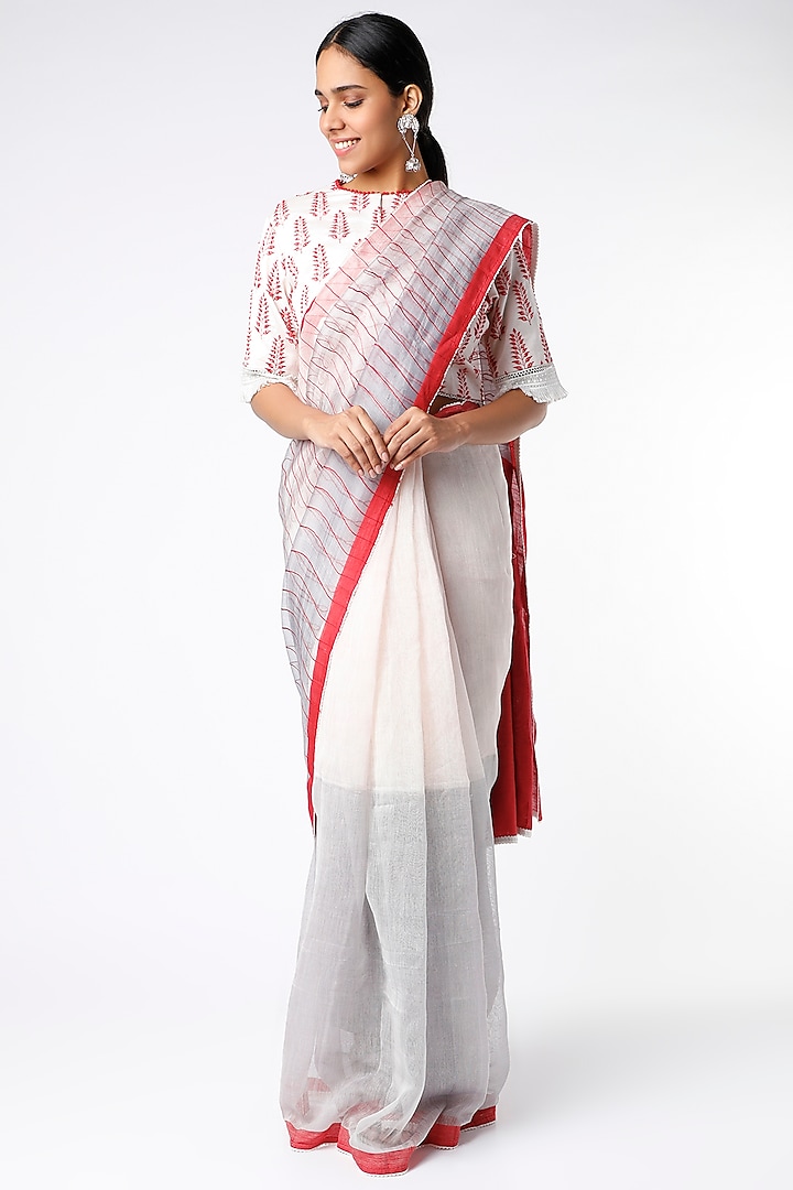 White & Grey Hand Embroidered Saree Set by Soumodeep Dutta at Pernia's Pop Up Shop