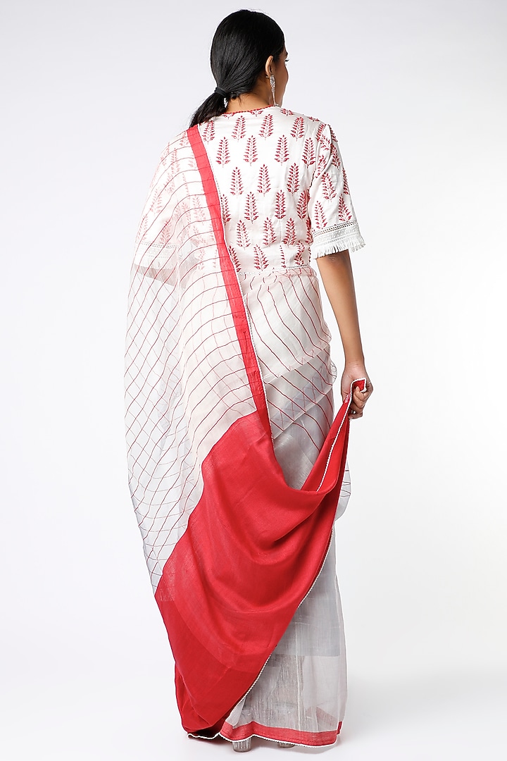 White & Grey Hand Embroidered Party Wear Saree Set by Soumodeep Dutta at Pernia's Pop Up Shop
