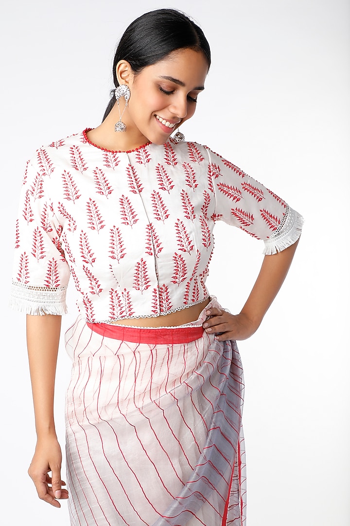 White & Grey Hand Embroidered Party Wear Saree Set by Soumodeep Dutta at Pernia's Pop Up Shop