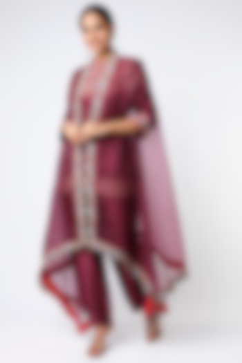 Wine Hand Embroidered Cape Set by Soumodeep Dutta