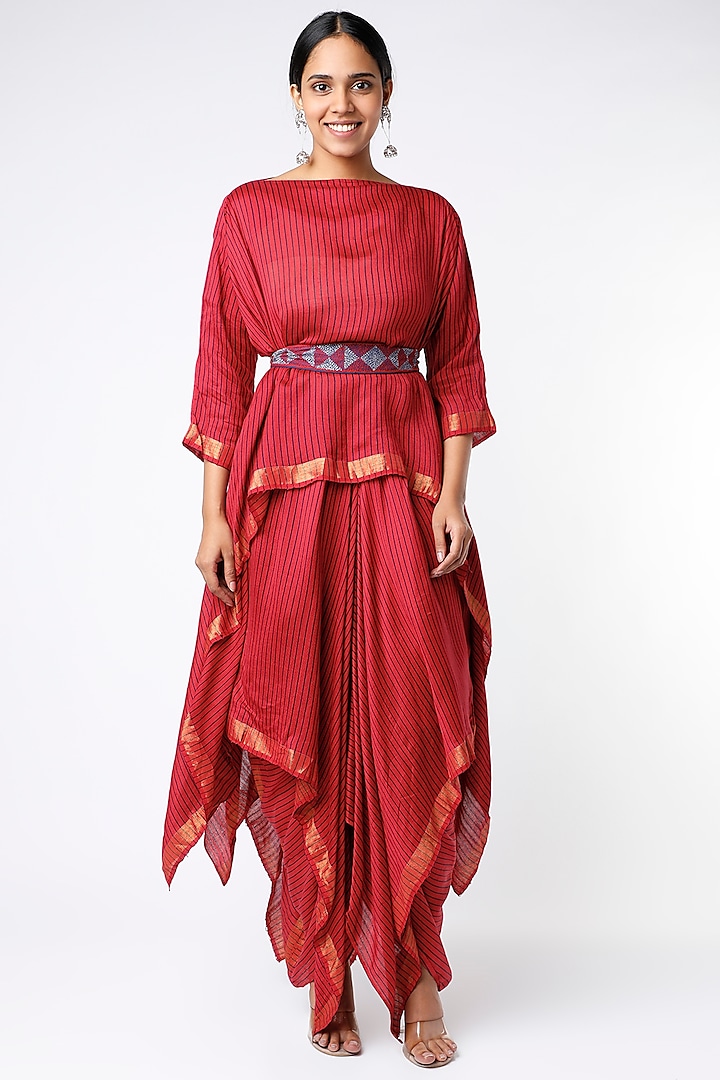 Red Butterfly Skirt Set With Hand Embroidered Belt by Soumodeep Dutta