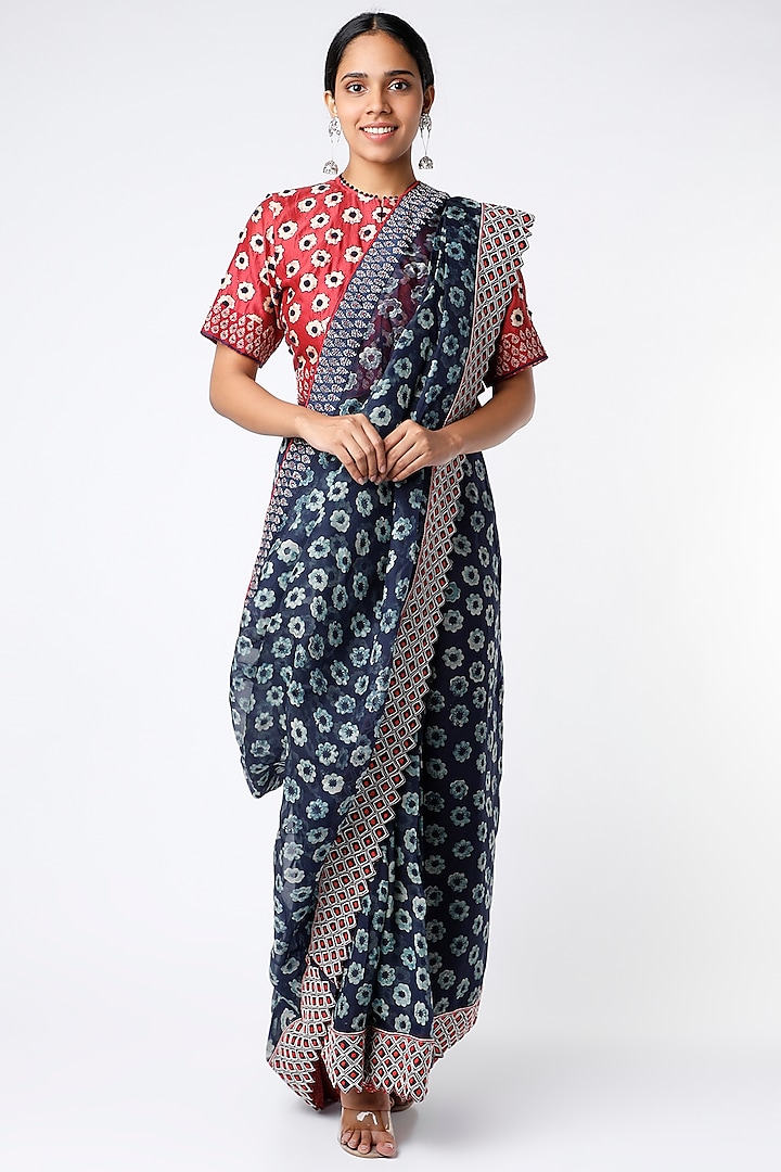 Indigo Hand Block Printed Pre-Stitched Saree Set by Soumodeep Dutta