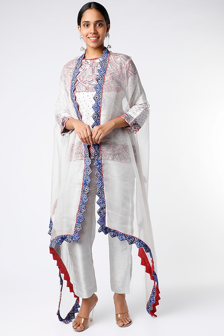 Grey Hand Embroidered Cape Set by Soumodeep Dutta
