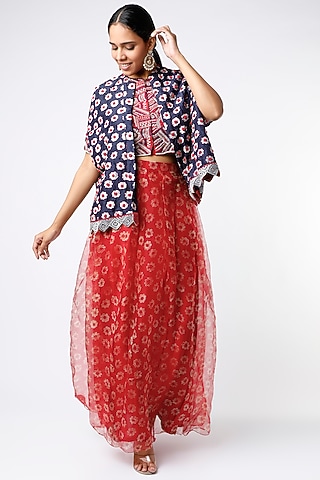 Red Organza Skirt Set by Soumodeep Dutta