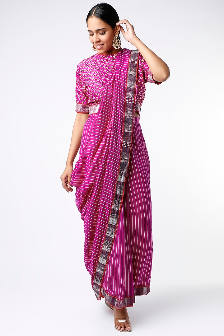 Purple Hand Embroidered Pre-Stitched Saree Set by Soumodeep Dutta