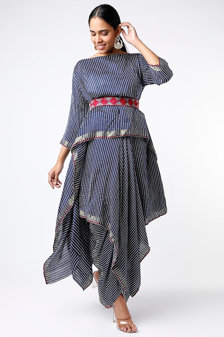 Indigo Butterfly Skirt Set With Hand Embroidered Belt by Soumodeep Dutta