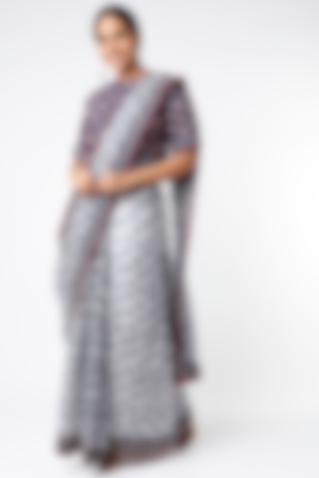 Grey Hand Block Printed Pre-Stitched Saree Set by Soumodeep Dutta