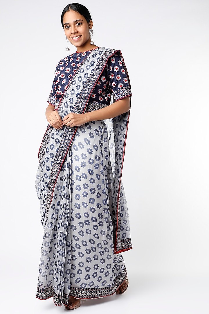 Grey Hand Block Printed Pre-Stitched Saree Set by Soumodeep Dutta