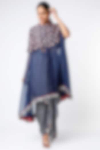 Indigo Butterfly Skirt Set With Hand Embroidered Circular Jacket by Soumodeep Dutta