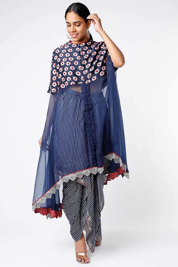 Indigo Butterfly Skirt Set With Hand Embroidered Circular Jacket by Soumodeep Dutta