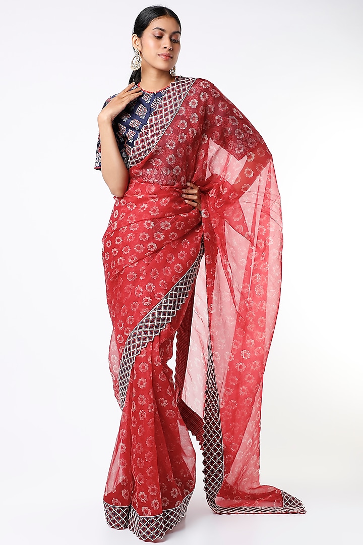 Red Hand Block Printed Saree Set by Soumodeep Dutta