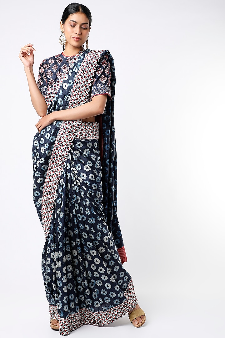 Indigo Hand Block Printed Silk Saree Set by Soumodeep Dutta at Pernia's Pop Up Shop