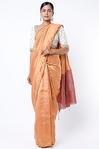 Orange Silk Zari Handloom Saree by Soumodeep Dutta