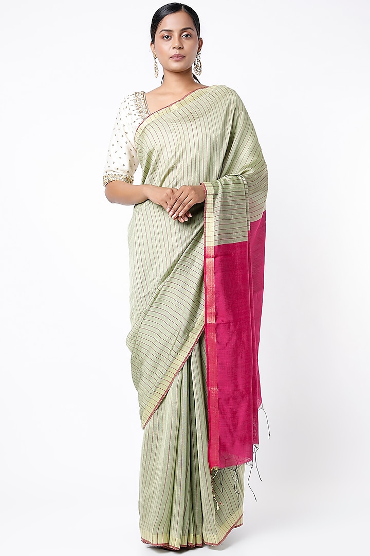 Light Olive Green Silk Handloom Saree by Soumodeep Dutta