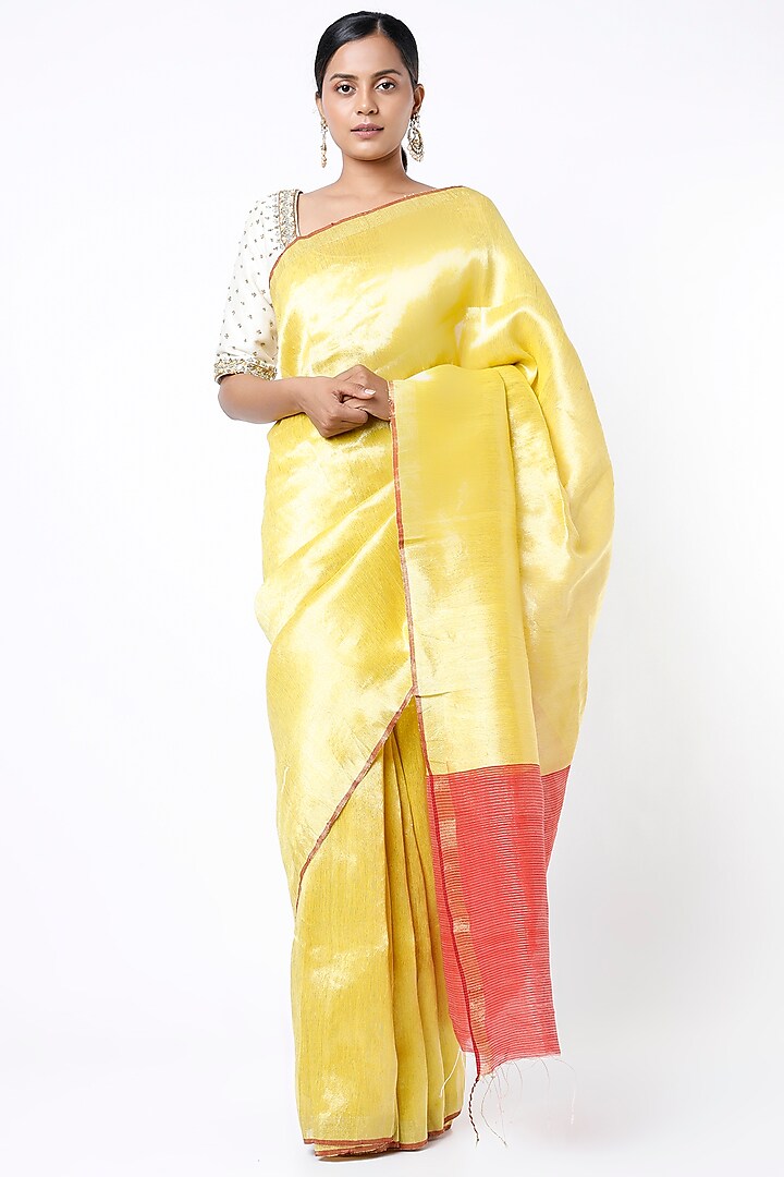 Pastel Yellow Silk Handloom Saree by Soumodeep Dutta