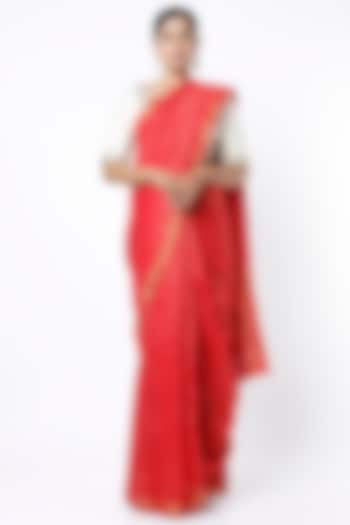 Cadmium Red Silk Zari Handloom Saree by Soumodeep Dutta at Pernia's Pop Up Shop