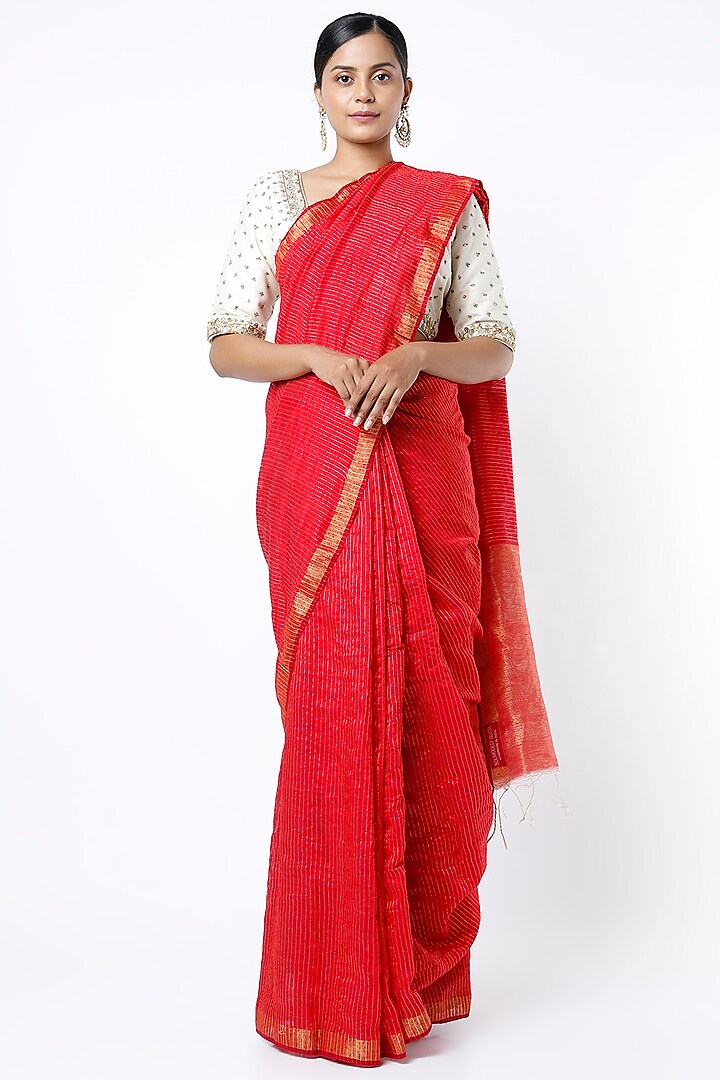 Cadmium Red Silk Zari Handloom Saree by Soumodeep Dutta at Pernia's Pop Up Shop