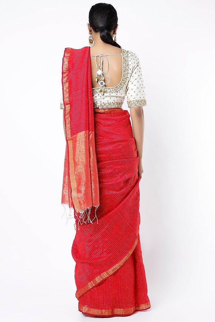 Cadmium Red Silk Zari Handloom Festive Saree by Soumodeep Dutta at Pernia's Pop Up Shop