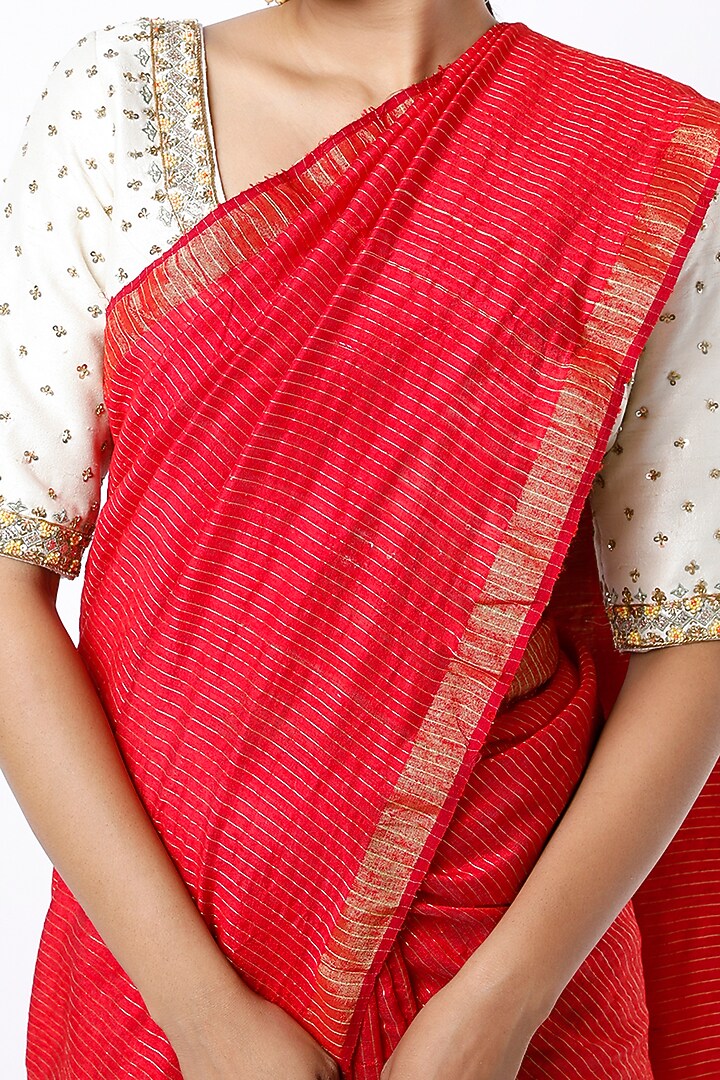 Cadmium Red Silk Zari Handloom Festive Saree by Soumodeep Dutta at Pernia's Pop Up Shop