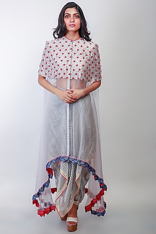 Grey Embroidered Butterfly Skirt Set by Soumodeep Dutta