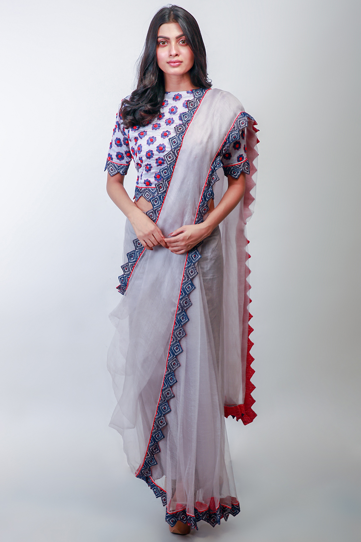 Grey Embroidered Pre-Stitched Party Wear Saree Set by Soumodeep Dutta at Pernia's Pop Up Shop