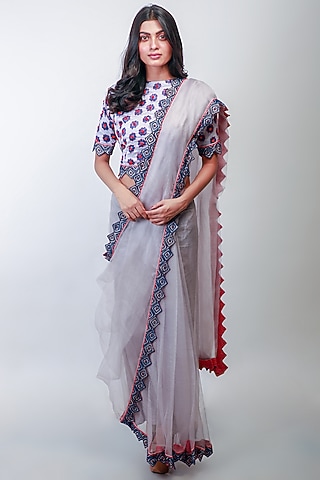 Grey Embroidered Pre-Stitched Saree Set by Soumodeep Dutta