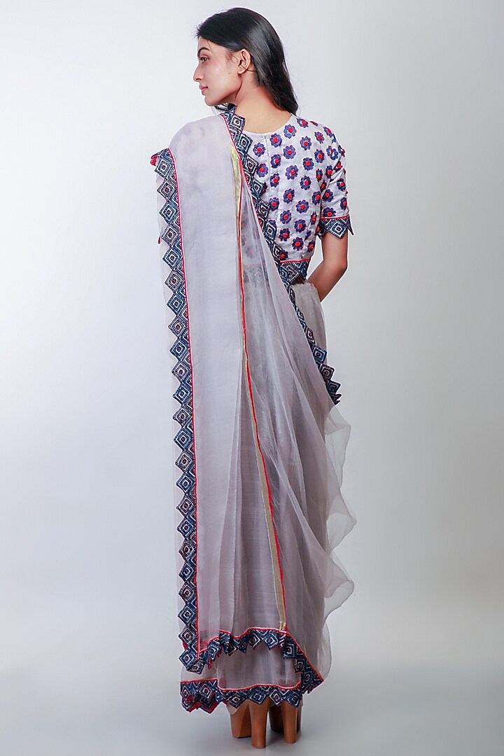 Grey Embroidered Pre-Stitched Party Wear Saree Set by Soumodeep Dutta at Pernia's Pop Up Shop