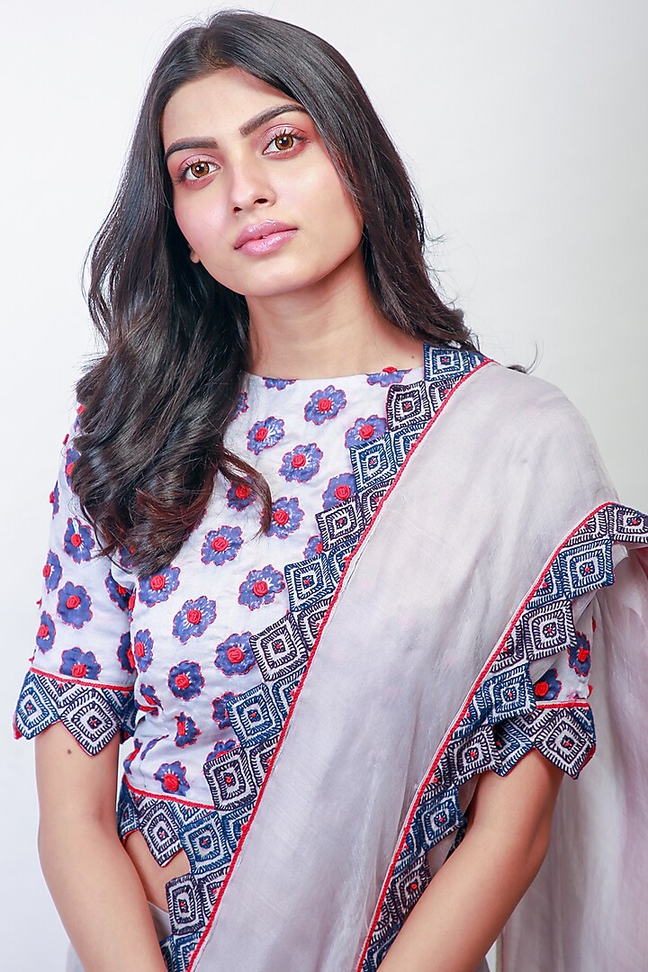 Grey Embroidered Pre-Stitched Party Wear Saree Set by Soumodeep Dutta at Pernia's Pop Up Shop