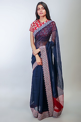 Indigo Embroidered Saree Set by Soumodeep Dutta
