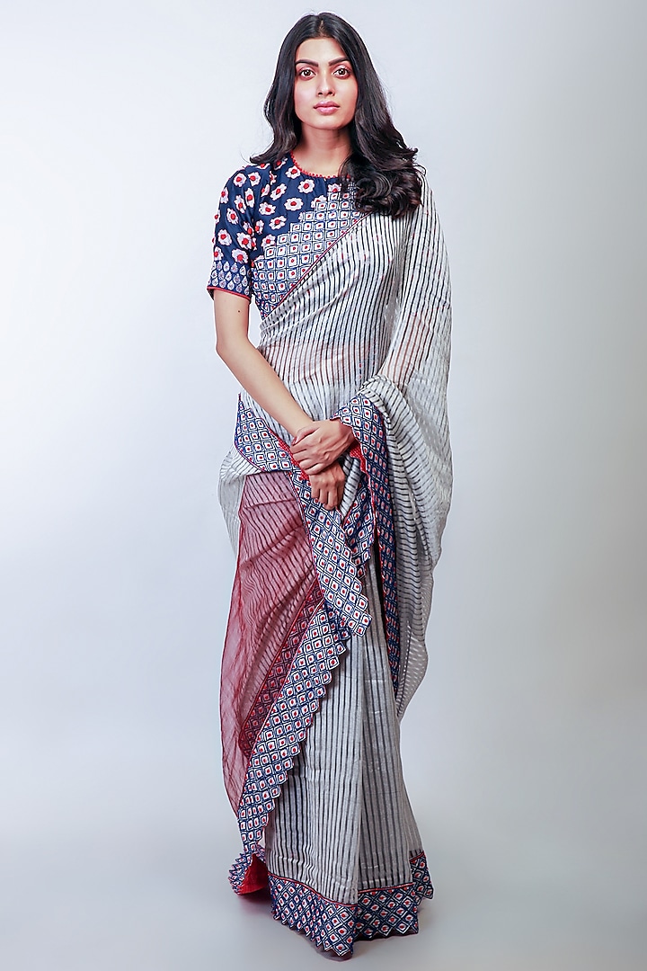 Grey Embroidered Saree Set by Soumodeep Dutta