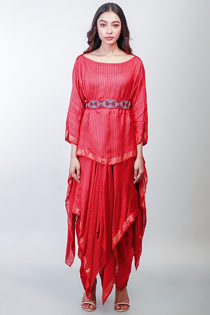 Red Embroidered Skirt Set by Soumodeep Dutta