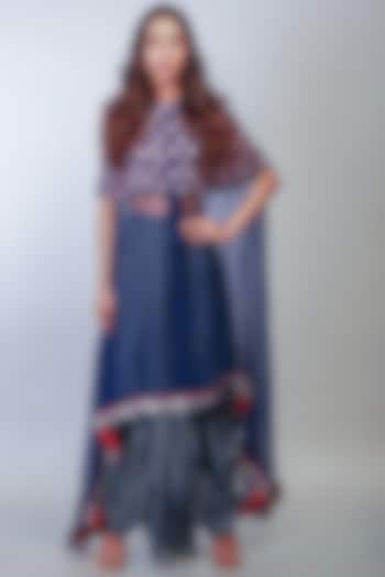 Indigo Blue Embroidered Skirt Set With Cape by Soumodeep Dutta