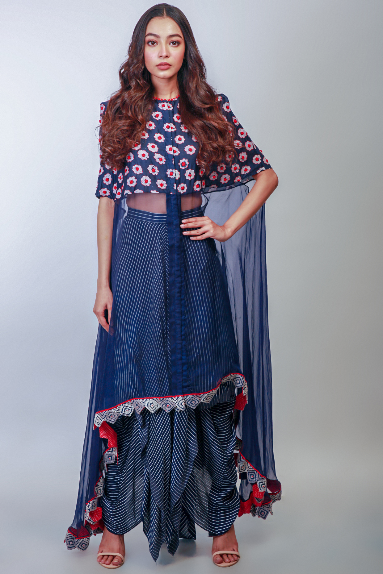 Indigo Blue Embroidered Skirt Set With Cape by Soumodeep Dutta