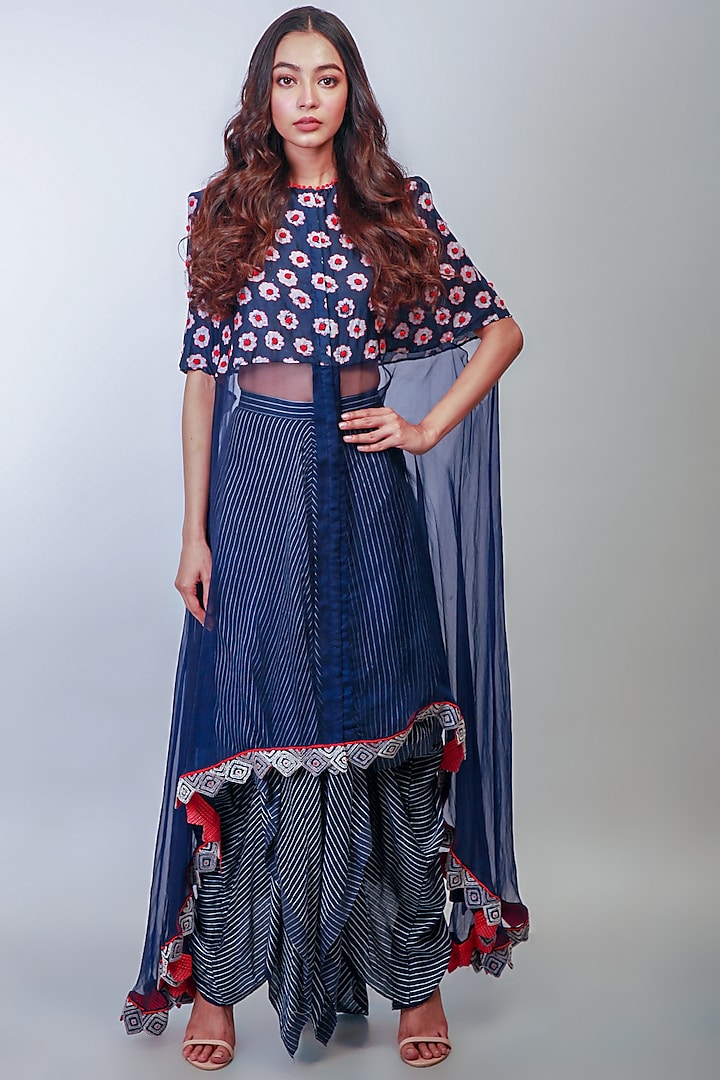 Indigo Blue Embroidered Skirt Set With Cape by Soumodeep Dutta
