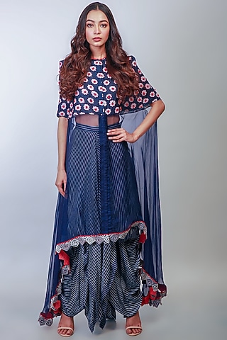 Indigo Blue Embroidered Skirt Set With Cape by Soumodeep Dutta