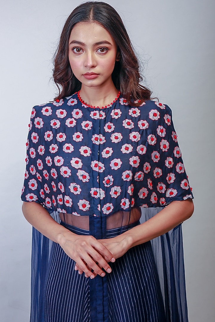Indigo Blue Embroidered Skirt Set With Cape by Soumodeep Dutta at Pernia's Pop Up Shop