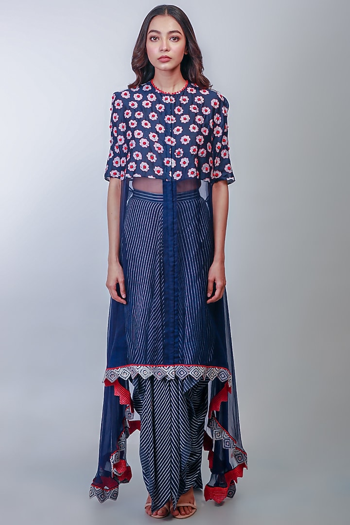 Indigo Blue Embroidered Skirt Set With Cape by Soumodeep Dutta at Pernia's Pop Up Shop