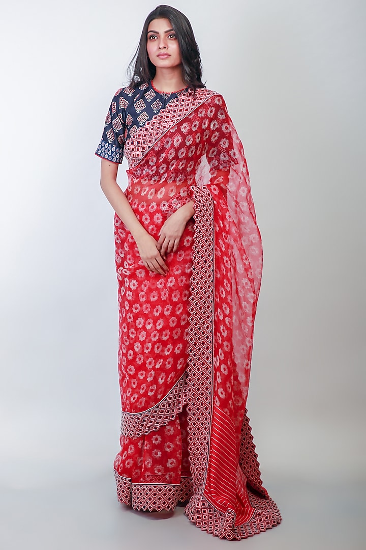 Red Floral Printed Saree Set by Soumodeep Dutta