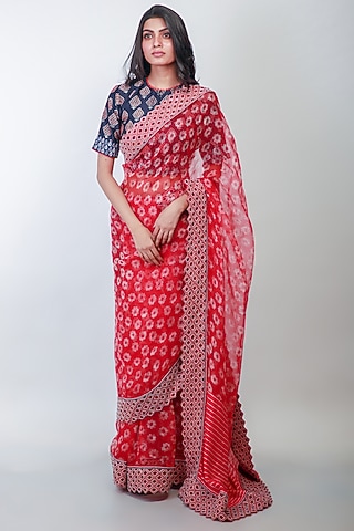 Red Floral Printed Saree Set by Soumodeep Dutta